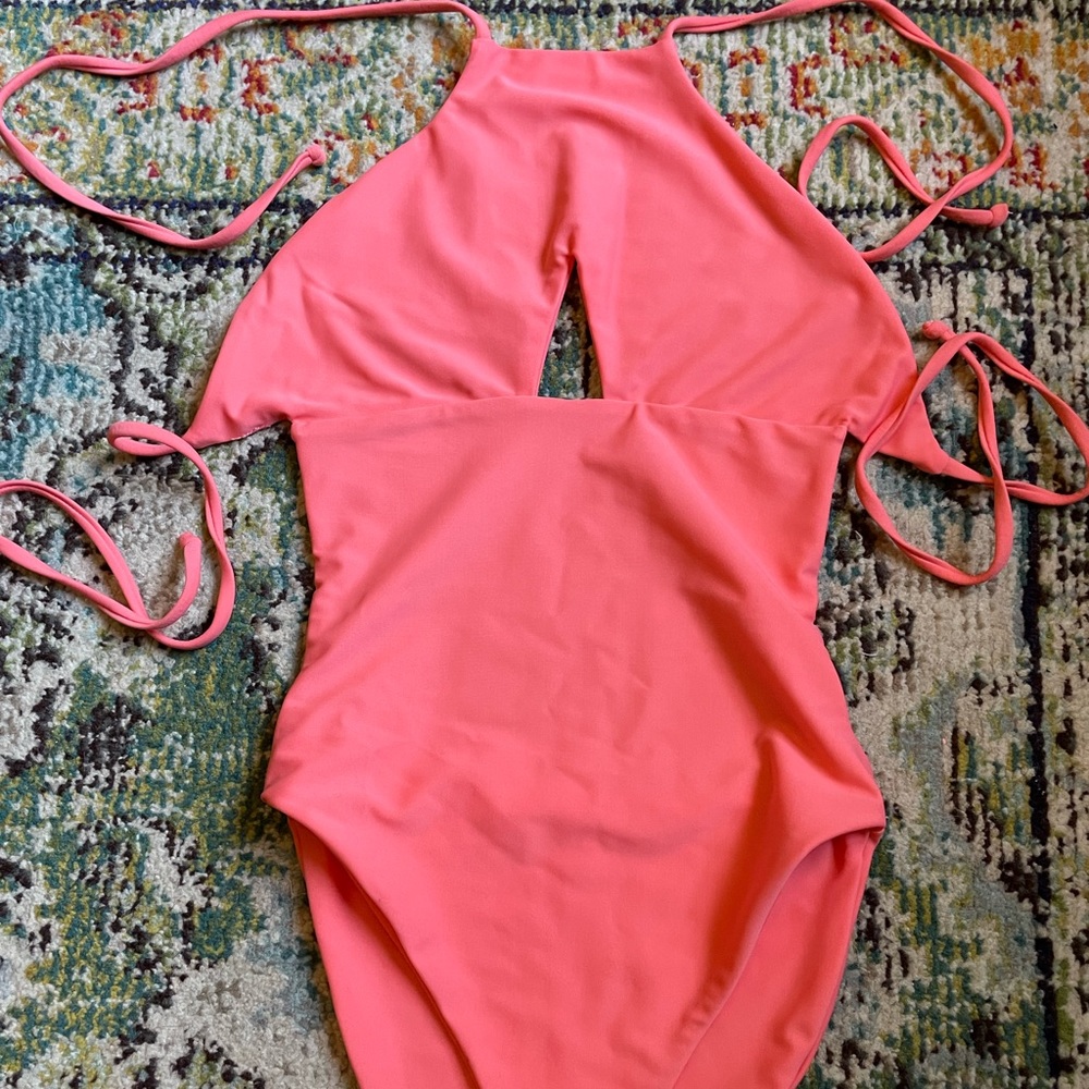Black box swim suit one piece coral backless halter and front cutout xs